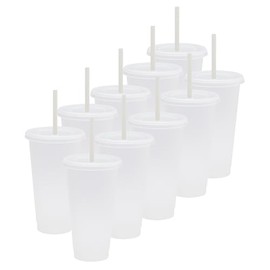 Vasos de Plastico Reusable Set de 10, 20, Y 50 Vaso con Popote y Tapa de 24 oz tipo Termos para Cafe (Vaso tipo Termo Reusable/Plastic Cup) (10, TRANSPARENTE)