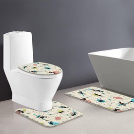 3 Piece Mid Century Modern Bath Mat Sets Vintage Iconic Atomic Starbursts Black Cat Geometric Retro 1950S Bathroom Doormat Rugs, Toilet Seat Cover, U-Shaped and Floor Mat