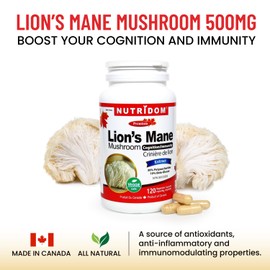 Nutridom Lion's Mane Mushroom Supplement 500mg, Standardized to 30% Polysaccharides & 10% Beta-Glucan, Supports Cognition & Immunity, Non-GMO, Vegan, Gluten-free, Soy & Dairy free (120 Veggie Capsules)