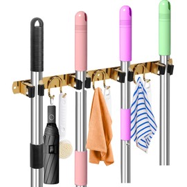 GUUKAR Mop Broom Holder Wall Mount, Gold Stainless Steel Tool Storage Organizer for Kitchen Garden Garage Laundry Room Bathroom and RV with 4 Slots 6 Hooks