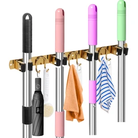 GUUKAR Mop Broom Holder Wall Mount, Gold Stainless Steel Tool Storage Organizer for Kitchen Garden Garage Laundry Room Bathroom and RV with 4 Slots 6 Hooks