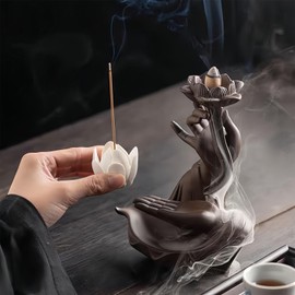 XINGZUAN Lotus Backflow Incense Burner– Ceramic Cones Incense Holder with 60 Incense Cones + 30 Sticks + 1 Mat+1 Tweezers | Waterfall Incense Burner & Waterfall Fountain | for Relaxation & Meditation