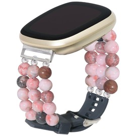C&L Accessories Bands Compatible with Versa 3 Bands/Versa 4 Bands/Sense 2/Sense Bands Beaded Stone Adjustable Silicone Bracelet for Women (Pink Zebra)