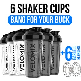 VELOMIX -6 PACK- 28 oz Protein Shaker Bottle for Protein Mixes - 6x Wire Whisk | Leak Proof Shaker Cups for Protein Shakes | Protein Shaker Bottle Pack | Protein Shake Cup (Clear Core Set)