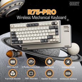 RK ROYAL KLUDGE R75 Wireless Mechanical Keyboard, 75% Percent Custom Gaming Keyboard Gasket Mount RGB Backlit with Knob & PBT Keycaps, BT5.1/2.4GHz/USB-C, Hot Swappable Cream Switch, White