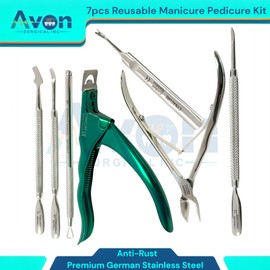 7pcs Kit - Manicure and Pedicure Tools - Cuticle Pushers & Cutters, Nail Nipper | Autoclave-Safe Tools for Home and Professional Use (Green)