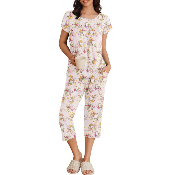 Ekouaer Womens Pajama Set Short Sleeve Sleepwear Pleated Floral Pjs