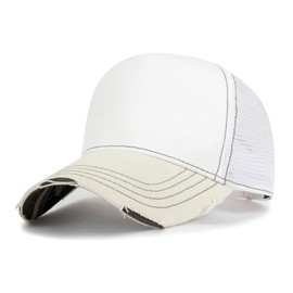 ililily Premium Blank Cotton Mesh Back Structured Hat Distressed Baseball Cap, White&Camo - Premium, X-Large