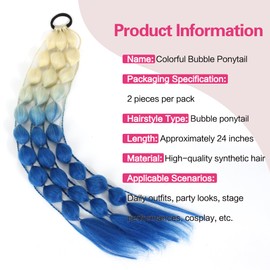 2PCS Colorful Synthetic Bubble Ponytail Extensions,24inches Lightweight Braided Hair Extensions, Festival Rave Accessories for Girls Crazy Hair Day (Ombre 613 to Dark Blue)