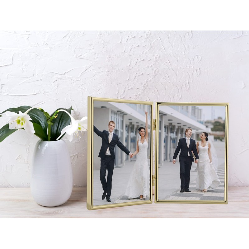 YiPinYin 5x7'' Hinged Double Simply Gold Metal Picture Frames, Elegant