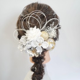 [Lomeri] Romeri Mizuhiki Arrangement Hair Ornament, Dry Flowers, Coming of Age Ceremony, Graduation Ceremony, Wedding, Hakama K21 (White x Silver)