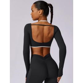 ABOCIW Women Workout Long Sleeve Crop Top Open Back Padded Low Impact Backless Yoga Gym Athletic Shirts Black X-Small