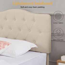 VECELO Twin Size Platform Bed Frame with Fabric Upholstered Headboard and Wooden Slats Support, No Box Spring Needed/Easy Assembly,Beige