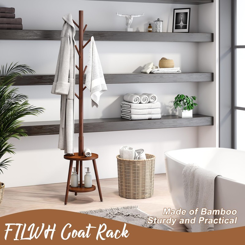 FILWH Freestanding Coat Rack with Umbrella Organizer Tray Bamboo Coat