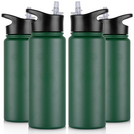 VQRRCKI 24 oz Insulated Water Bottle Bulk 4 Pack, Stainless Steel Sports Water Bottles with Straw Lid & Wide Mouth Lids, Double Walled Vacuum, Leak Proof, Dark Green