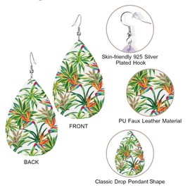 Zokola Bird Of Paradise Faux Leather Teardrop Earrings For Women Friends, Desert Cactus Tropical Flowers Petal Leaf Earrings Dangle Drop Earrings Jewelry