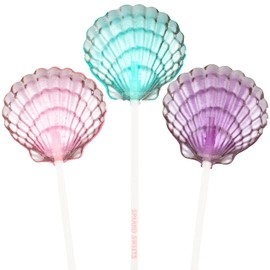 Sparko Sweets Clam Shell Lollipops, 12 Pieces, Blue (Blue Raspberry), Pink (Watermelon), Purple (Grape) - Mermaid Party, Ariel Party, & Beach Party Favors