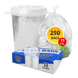 PLASTIC PRINCE (250 Pack) 13 Gallon Trash Bags, 12-16 Gallon Clear Kitchen Bags, 1.3 Mil, Heavy Duty, Fits Round and Square 12-16 gal Trash Cans, 24" x 31" Garbage Trash Can Liners