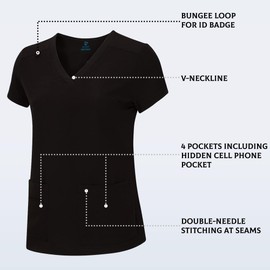 ACTIVE UNIFORMS Women's V-Neck Petite Size Scrub Set Cool Stretch Scrub Top and Cargo Pant Set (Black, Large-Petite)
