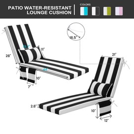 Outdoor Chaise Lounge Cushion Set of 2 with Head Pillow and Side Pockets, Water Repellent & Weather Resistant Patio Recliner Lounge Chair Cushions for Lawn, Pool & Beach (Black Stripe, 72" x 21")
