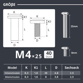 Pack of 20 Connection Screws, Sleeve Screws, Stainless Steel A2 V2A, Furniture Screws, Cabinet Connector with Hex Key for Cabinets, Cabinets, Wood Bread (40, Silver, M4 x 25)