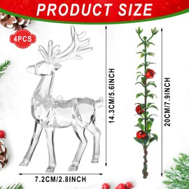 4 Set Acrylic Christmas Reindeer Ornaments Clear Mistletoe Reindeer Figurine Deer Decor with Green Mistletoe and Red Bells Christmas Deer Figurines Tabletop Decorations Holiday Table Centerpiece