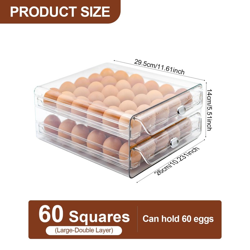 MFBJXC Egg Holder for Refrigerator,60 Eggs Clear Drawer Organizer,2 Layer