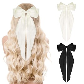 Women's Hair Bow, Pack of 2 Black + Beige Hair Clips, French Hair Bows Girls, Velvet Satin Ribbon Bow Hair, Metal Bow Knot Clips Hair Accessories, Hair Pin for Women