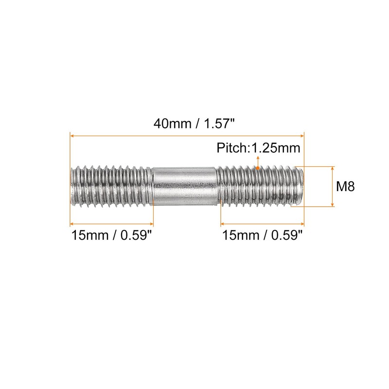 sourcing map 10Pcs M8x40mm 304 Stainless Steel Double End Threaded