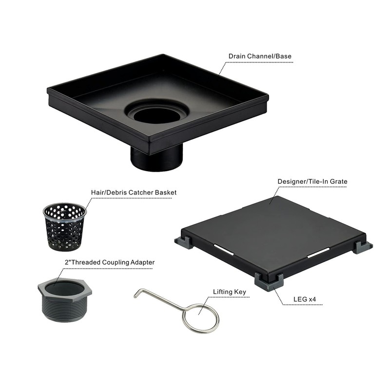Matte Black Square Shower Drain, HIDROP SUS 304 Stainless Steel