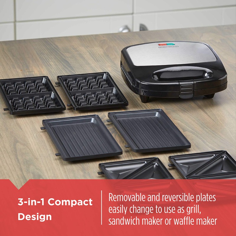 BLACK+DECKER 3-in-1 Waffle Iron, WM2000SD, Grill and Sandwich Press, Non-Stick