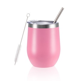 FristChoice 12 oz Insulated Wine Tumbler with Lid and Straw,Stainless Steel Stemless Wine Tumbler Glasses Double Wall Vacuum Wine Cups Tumbler Bulk for Coffee,Champaign,Cocktail,Office（Pink,1）