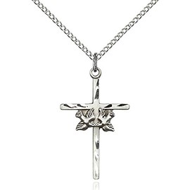 Bonyak Jewelry Sterling Silver Doves/Cross Pendant 1 x 5/8 inches with Sterling Silver Lite Curb Chain