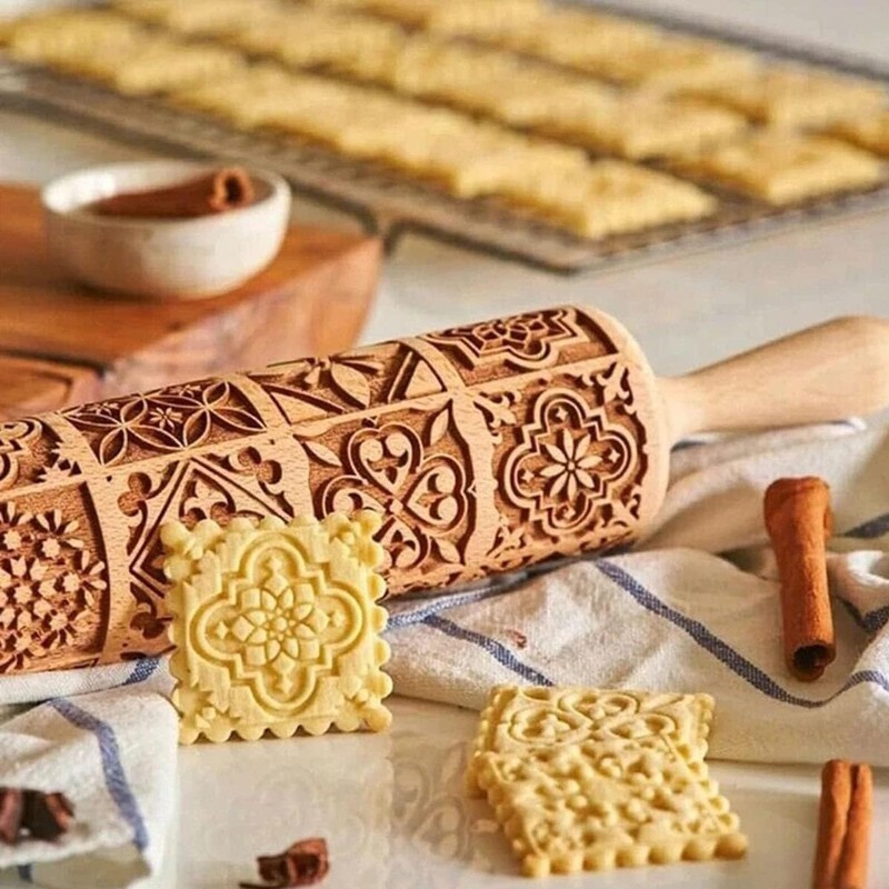 Wooden Rolling Pin, Rolling Pin with Metal Axle, Pattern Embossing
