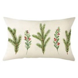 Ogiselestyle Christmas Holly Berry Throw Pillow Cover, 12 x 20 Inch Winter Holiday Farmhouse Cushion Case Decoration for Sofa Couch