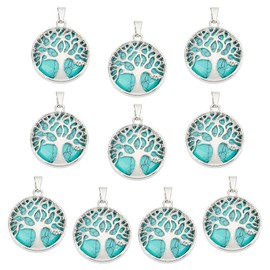 arricraft 10 Pcs Tree of Life Turquoise Pendant, Platinum Flat Round Natural Synthetic Gemstone Charm Chakra Crystal Pendant for DIY Necklace Jewelry Making Gifts