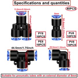 HAXIHA Pack of 40 8 mm Air Push Quick Attachments, Pneumatic Connectors, Splitter/Angle/T-Piece/Straight Push-to-Connect Fittings Kit Air Line Fittings for 8 mm Pipe