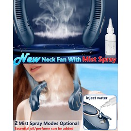Neck Fan Mister,Personal Fan with Water Spray Misting Fan,Mini Foldable Leafless Hanging Chargable Neck Fans,Head Wearable Silent Cordless Battery Powered Cooling Fan for Neck Face And Shoulder Blue