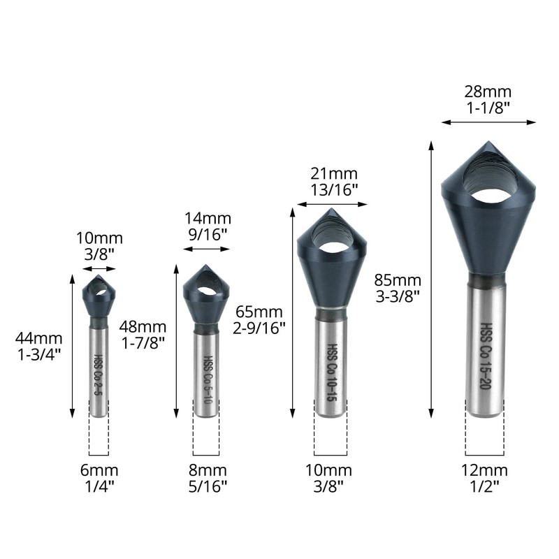 QWORK 4PCS Cobalt Single-End Countersink Chamfer Tool Set, M35 High-Speed