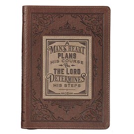 Classic Faux Leather Journal A Man's Heart Proverbs 16:9 Bible Verse Brown Inspirational Notebook, Lined Pages w/Scripture, Ribbon Marker, Zipper Closure