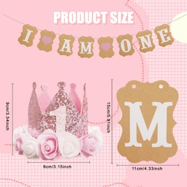1st Birthday Decorations for Girls, First Birthdays Crown Hat and Banner, 1st Birthday Crown Hat Decorations with Cute Floral for Baby shower, Birthdays Party Photo Props, Pink