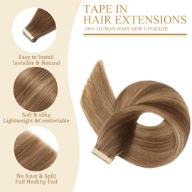 Tape in Hair Extensions Real Human Hair 20 Inch Chocolate Brown Mixed Honey Blonde Invisible Tape in Hair Extensions 20pcs Seamless Tape Hair Extensions Human Hair Skin Weft(4/4/27#, 20 Inch)