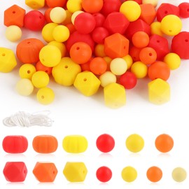 100pcs Fall Silicone Beads, Thanksgiving Beads Pumpkin Round Hexagonal Beads Craft Beads Silicone Loose Spacer Beads with Nylon Rope for Jewelry Making Bracelets Necklace Keychain DIY