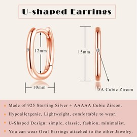 Loutade Silver Hoop Earrings for Women, Sterling Silver Oval Hoop Earrings, Hypoallergenic Geometric Hoop Earrings Rose Gold, CZ Small U - Shape Rose Gold Sleeper Cartilage Huggie Earrings for Girls