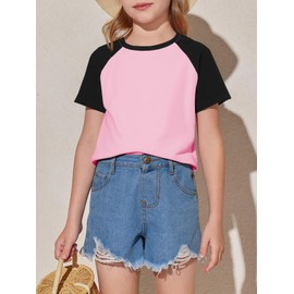 Imily Bela Kids Girls T Shirts Casual Raglan Short Sleeve Crewneck Color Block Summer Tees 5-14 Years Pink