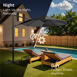 Devoko 10ft Solar LED Patio Umbrella, Round Cantilever Outdoor Umbrella with Solar Lights and 360-Degree Rotation, Large Hanging Offset Market Umbrella with Easy Tilt for Patio Deck Garden,Black