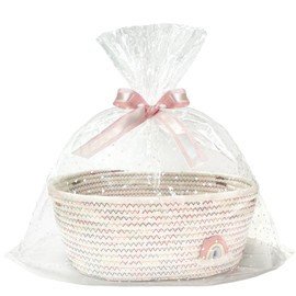 SHIANCE&LI Small Woven Rainbow Basket with Gift Bags and Ribbons, Cute Empty Gift Decorative Basket For Baby Storage Nursery, Cotton Rope Basket with Handles,12"x 8" x 5" (Rainbow)