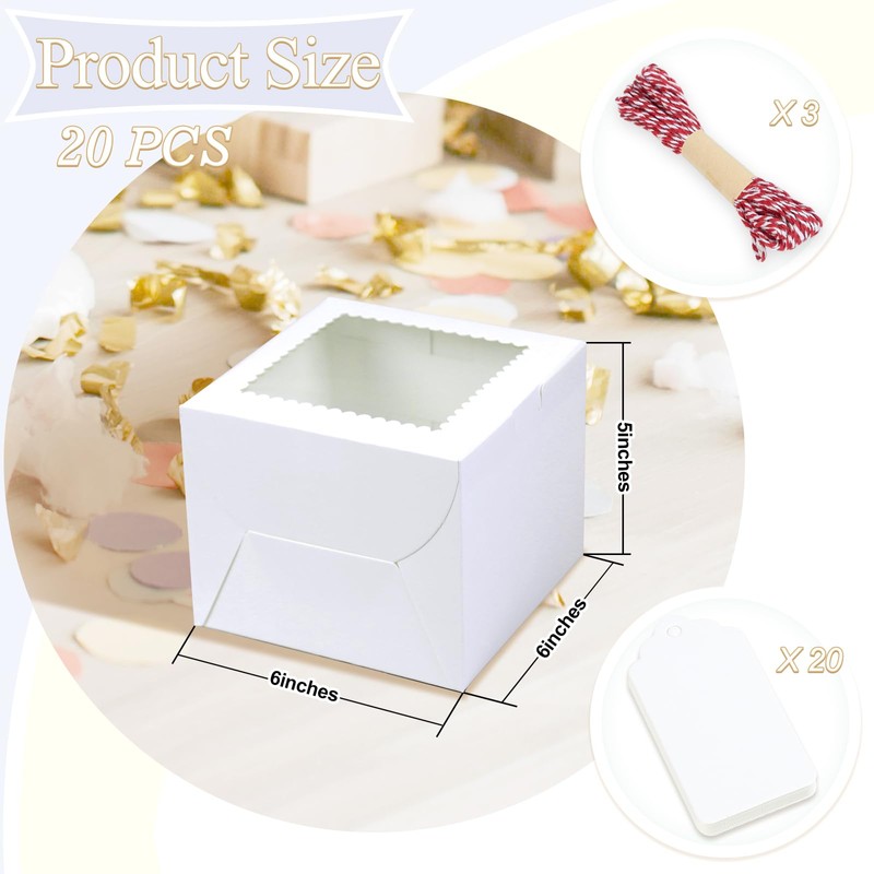 DOYIDE 20Pcs Mini Cake Boxes with Window, 6x6x5 Inches White