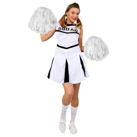 Ladies Cheerleader Costume with Pom Poms - Womens Highschool American Style Fancy Dress Party Outfit (White – UK 8-10)