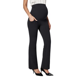 Ewedoos Maternity Pants Shirred Side Work Pants with Pockets Over The Belly Pregnancy Dress Pants Maternity Yoga Pants Black